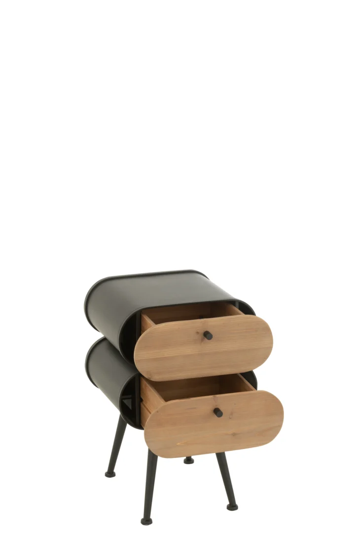 De Bijzettafel Beige, Zwart 35 x 61 CM is een modern nachtkastje met gebogen zwart gefineerde zijkanten, vier schuine zwarte poten en twee gedeeltelijk open houten lades met ronde zwarte knoppen.