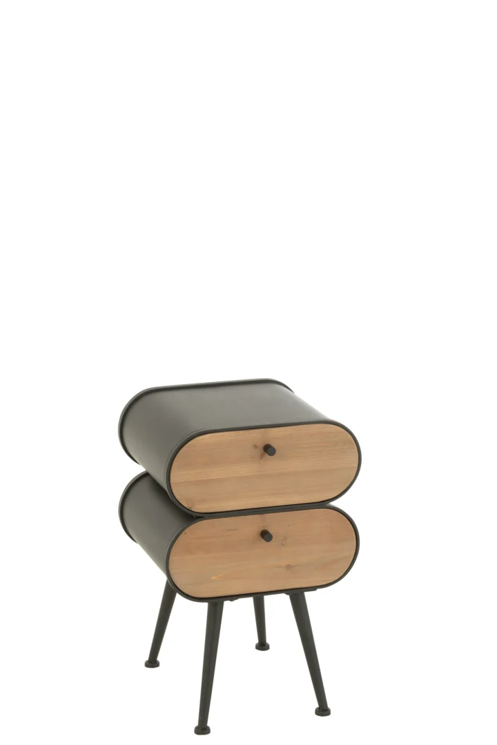 De Bijzettafel Beige, Zwart 35 x 61 CM is een modern nachtkastje van fineer met twee ovale laden, zwarte knoppen, zwarte metalen poten en een strak, minimalistisch afgerond ontwerp.