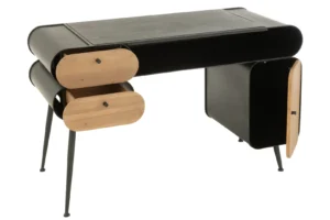 Industrieel bureau van dennenhout en metaal, zwart en lichtbeige, 132x57 cm.