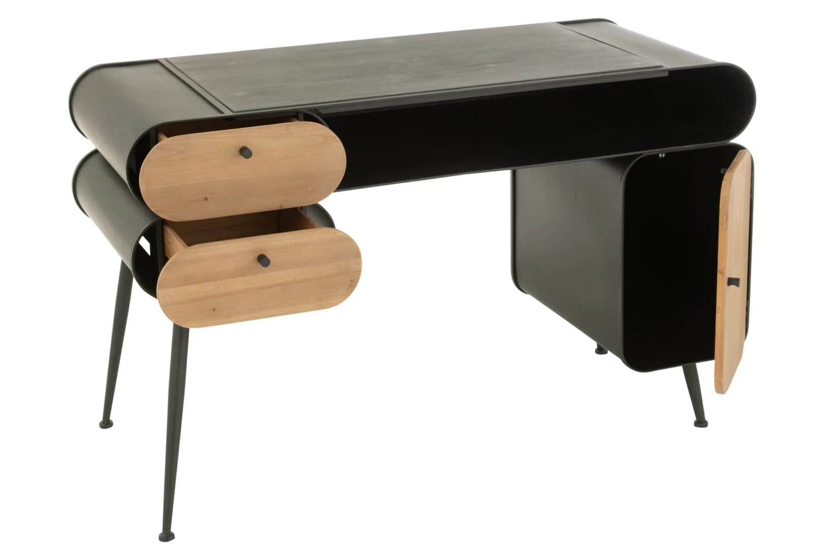 Industrieel bureau van dennenhout en metaal, zwart en lichtbeige, 132x57 cm.