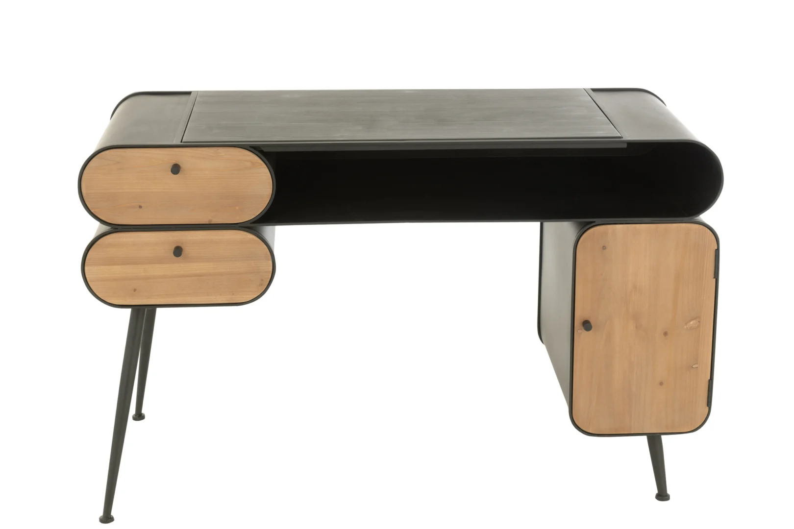 Industrieel bureau 132x57 cm. Dennenhout en metaal in zwart en lichtbeige. Modern design bureau.