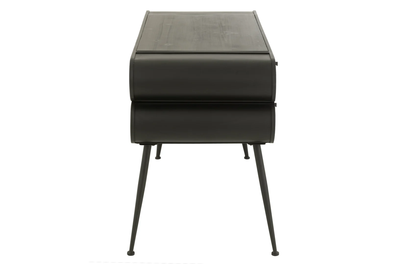 Industriële bureau zwart metaal, 132x57 cm. Dennenhout blad, lichtbeige details. Modern design bureau.