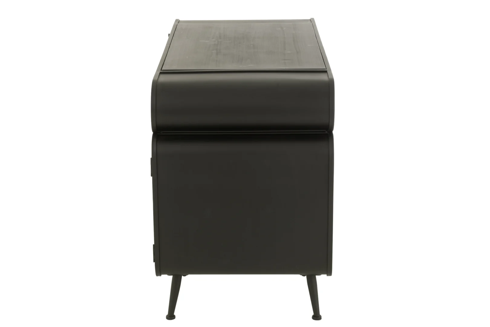 Zwart industrieel bureau van dennenhout en metaal, 132x57 cm. Lichtbeige accenten.