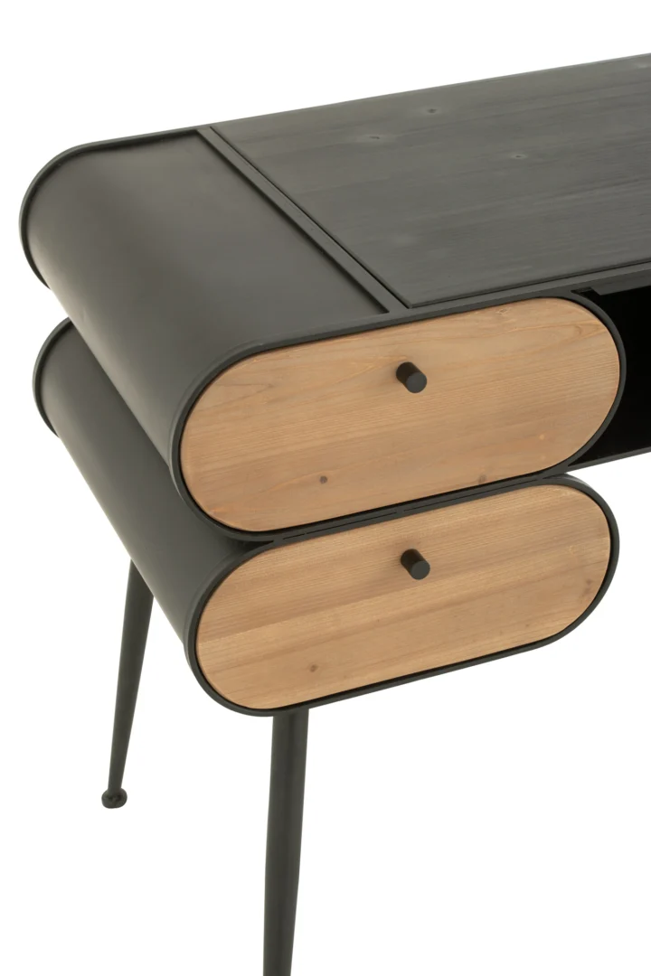 Industrieel bureau 132x57 van dennenhout en metaal, zwart met lichtbeige lades.