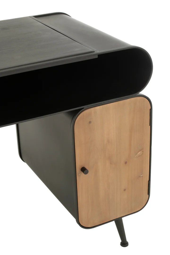 Industriële bureau van dennenhout en metaal. Zwart en lichtbeige, 132 x 57 cm.