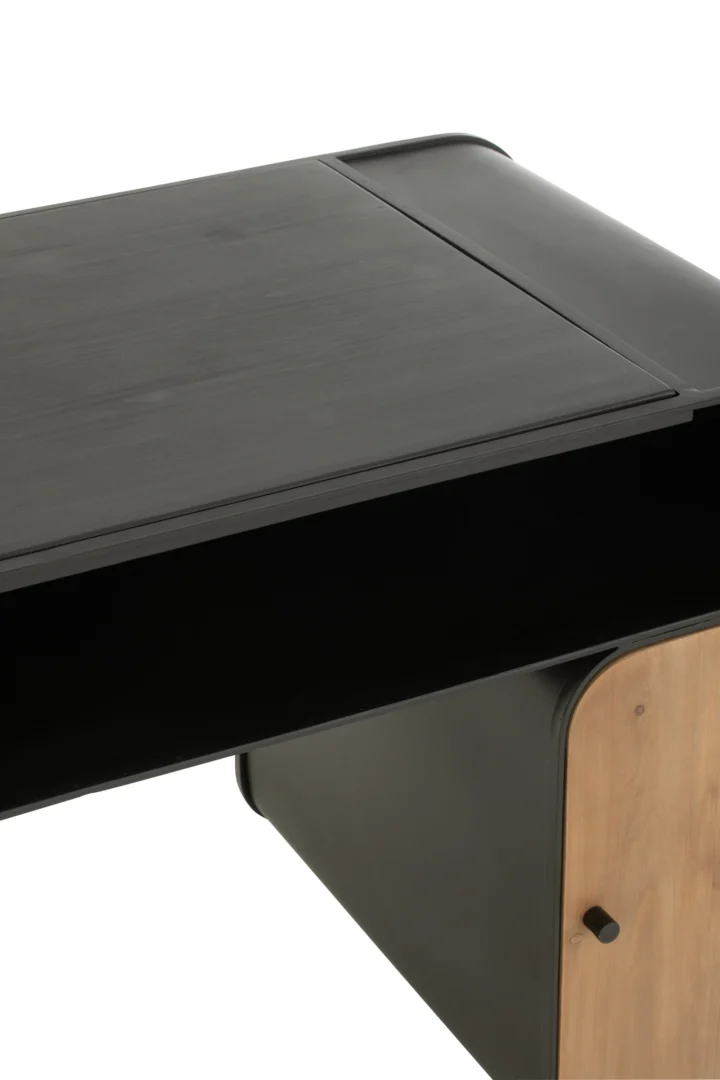 Industriële bureau 132x57 cm, dennenhout en metaal, zwart en lichtbeige.