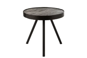 De Bijzettafel Zwart, Bruin (50 x 50 CM) is een moderne vierkante bijzettafel gemaakt van donker mangohout met zwarte metalen poten, weergegeven op een witte achtergrond.