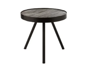 De Bijzettafel Zwart, Bruin (50 x 50 CM) is een moderne vierkante bijzettafel gemaakt van donker mangohout met zwarte metalen poten, weergegeven op een witte achtergrond.