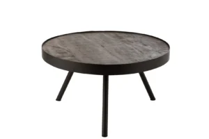 De Bijzettafel Zwart, Bruin 60 x 33 CM is een moderne vierkante salontafel gemaakt van donker mangohout met zwart metalen randen en drie zwart metalen poten.
