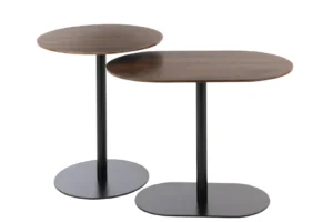 Set van 2 bijzettafels rond ijzer zwart/donkerbruin: één ronde, iets hogere tafel en één ovale, lagere tafel met donkerbruine houten bladen en zwarte metalen onderstellen in moderne, minimalistische stijl.