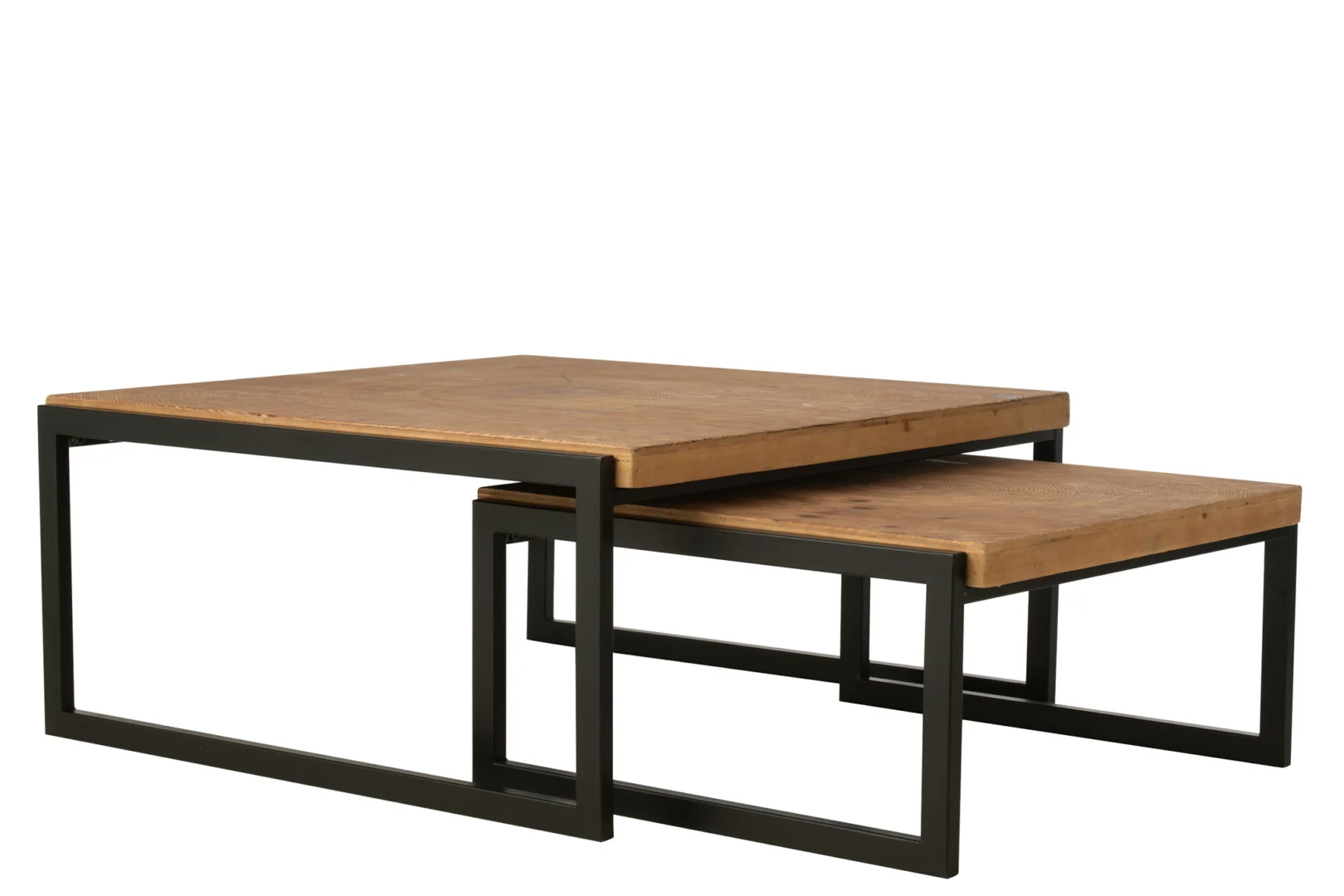 De Salontafel Zwart, Roest 80 x 63 CM Ijzer bestaat uit twee moderne salontafels met rechthoekige houten bladen en zwarte metalen frames. De kleinere tafel past gedeeltelijk onder de grotere, beide tegen een witte achtergrond.