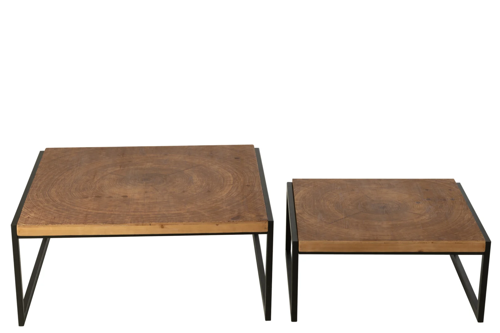 De Salontafel Zwart, Roest heeft twee vierkante nesttafels met houten bladen en zwarte ijzeren poten (80 x 63 cm), afgebeeld tegen een witte achtergrond met de grotere tafel links en de kleinere rechts.