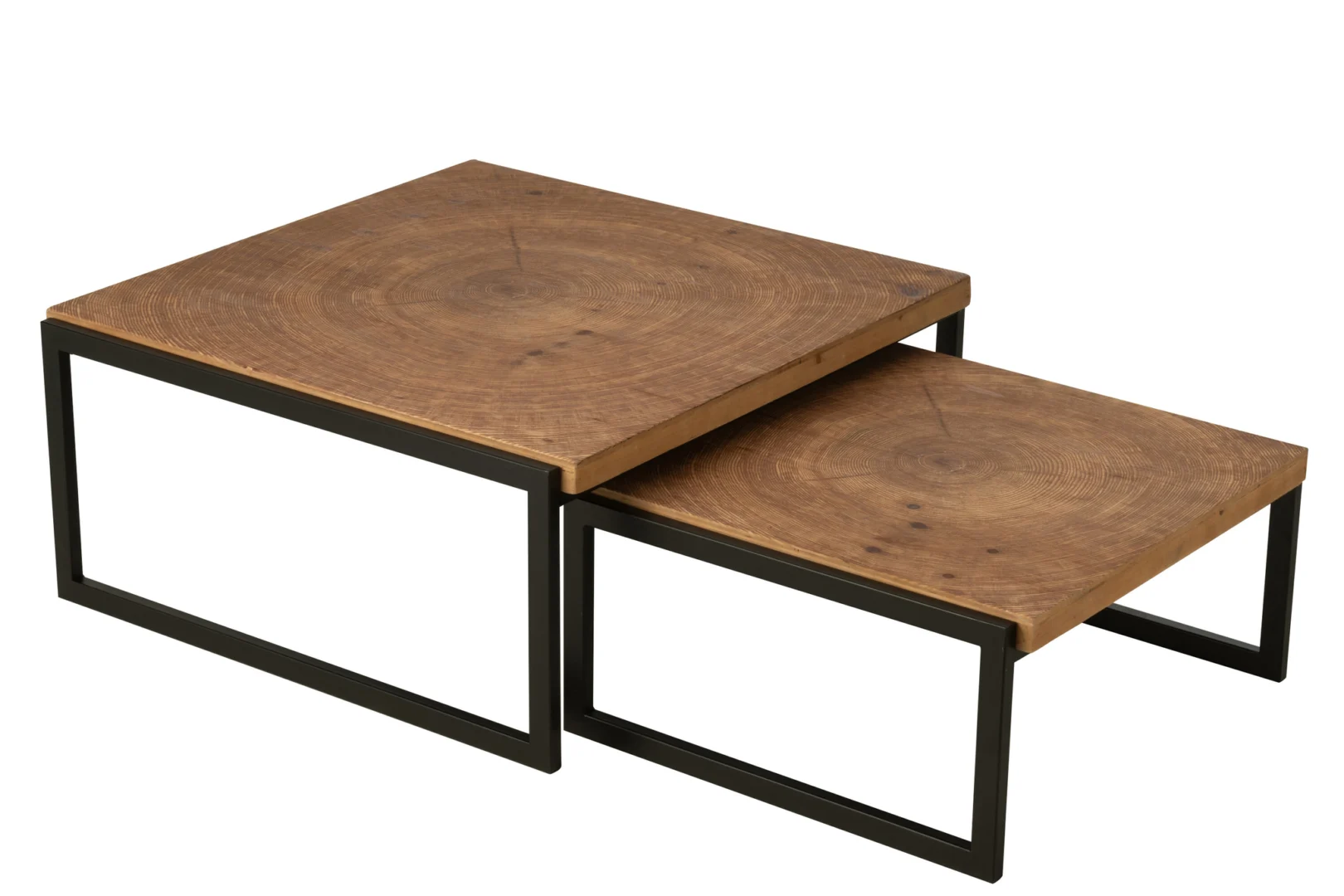 De Salontafel Zwart, Roest 80 x 63 CM Ijzer bestaat uit twee rechthoekige salontafels met een houten blad en een zwart ijzeren onderstel. De kleinere tafel nestelt zich netjes onder de grotere, zodat je een stijlvolle getrapte look kunt creëren.