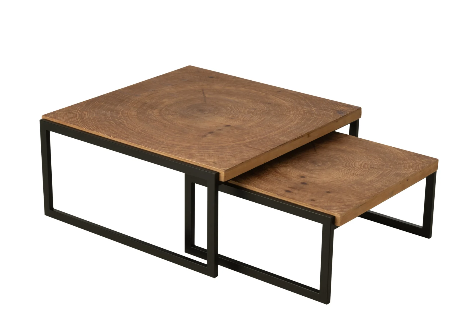 De Ijzerset Salontafel Zwart, Roest 80 x 63 CM bestaat uit twee moderne nesttafels met rechthoekige houten bladen en zwarte metalen frames. De kleinere tafel schuift gedeeltelijk onder de grotere en beide hebben een natuurlijk houtnerfpatroon.