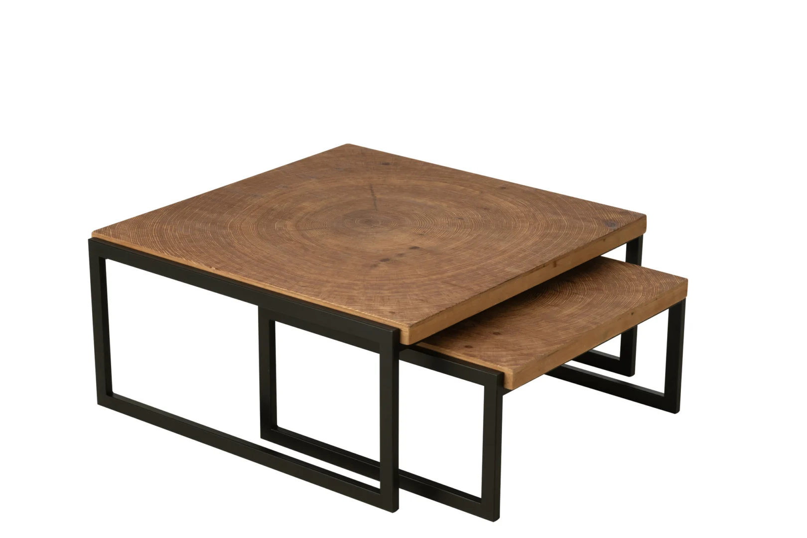 De Salontafel Zwart, Roest 80 x 63 CM Ijzer bestaat uit twee geneste vierkante tafels met houten bladen en zwarte metalen frames, de kleinere tafel netjes weggestopt onder de grotere, allemaal tegen een witte achtergrond.