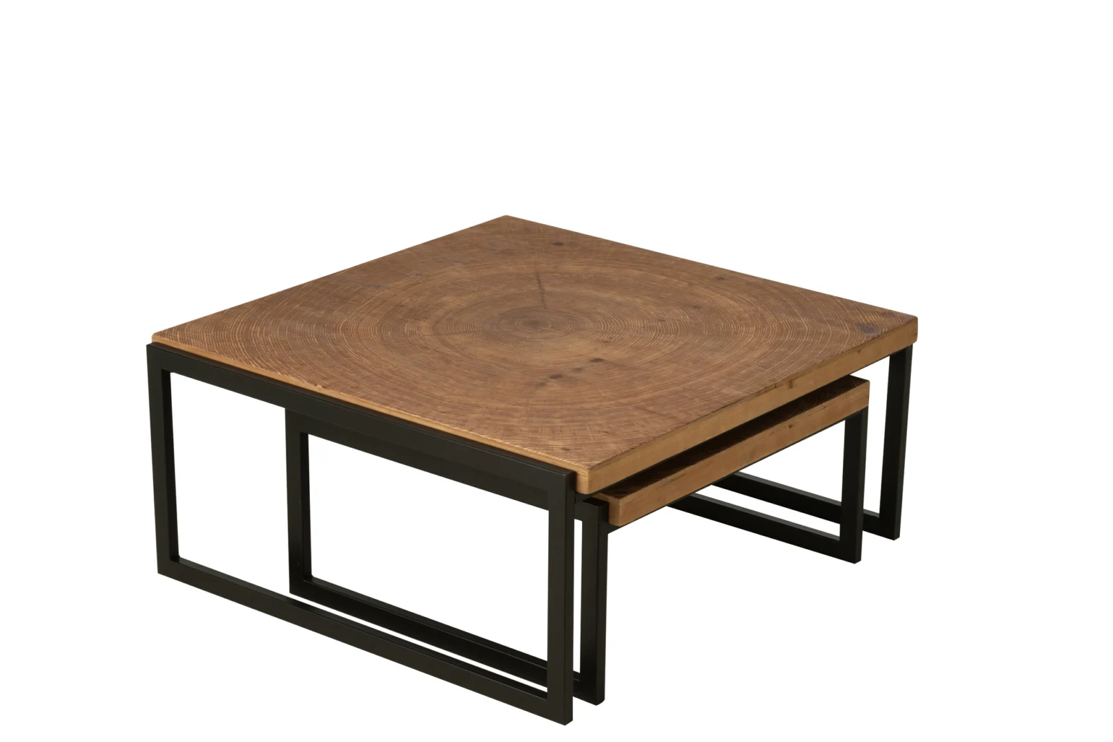 De Salontafel Zwart, Roest 80 x 63 CM Ijzer is een set van twee nesttafels met vierkante houten bladen en zwarte metalen frames in een minimalistische, moderne stijl. De kleinere tafel kan gemakkelijk onder de grotere tafel worden geschoven om ruimte te besparen.