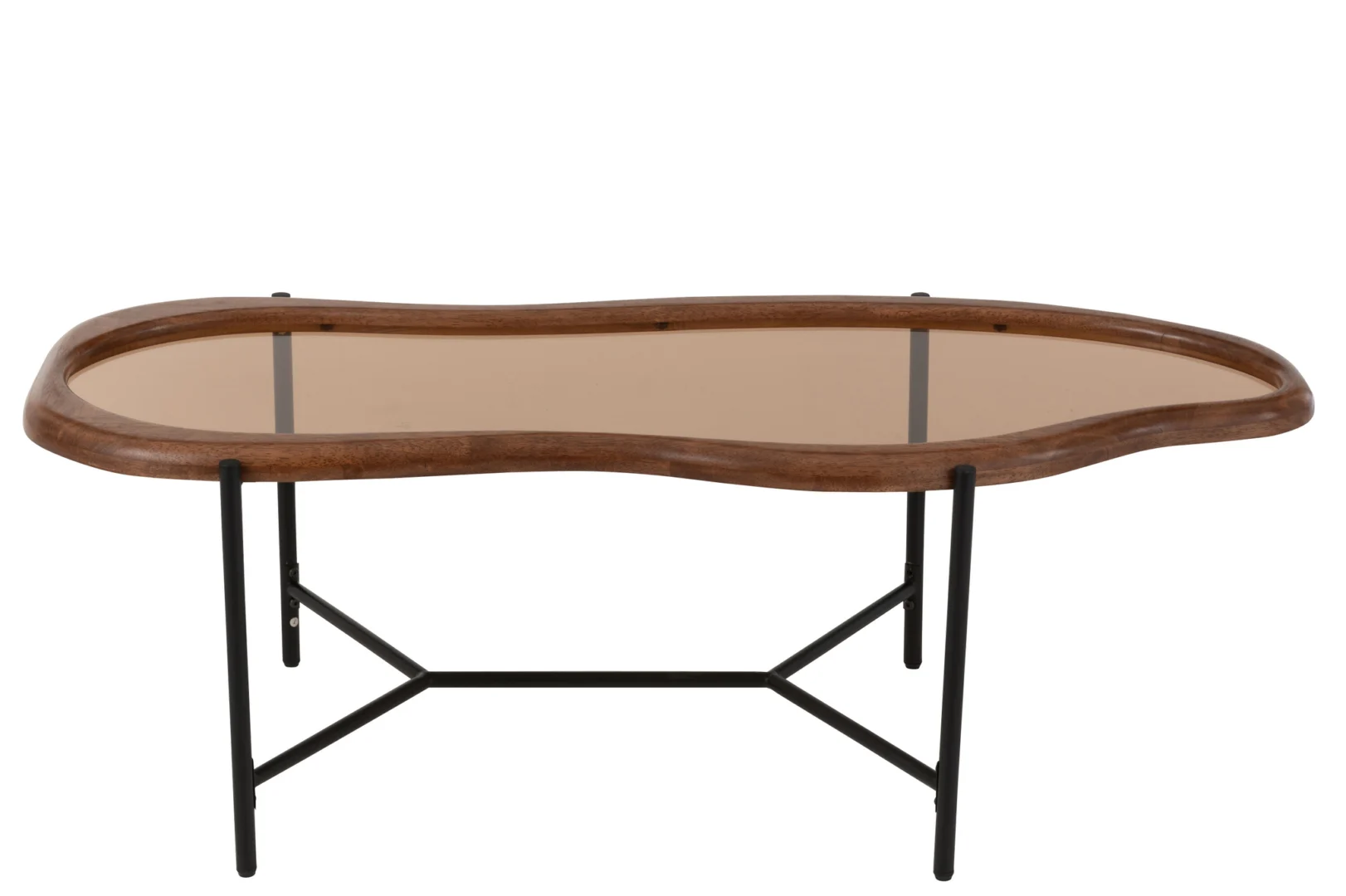 De Salontafel 48 x 40 CM Staal is een salontafel met een onregelmatig organisch houten frame, een glazen blad en stevige zwart stalen X-vormige poten voor ondersteuning.