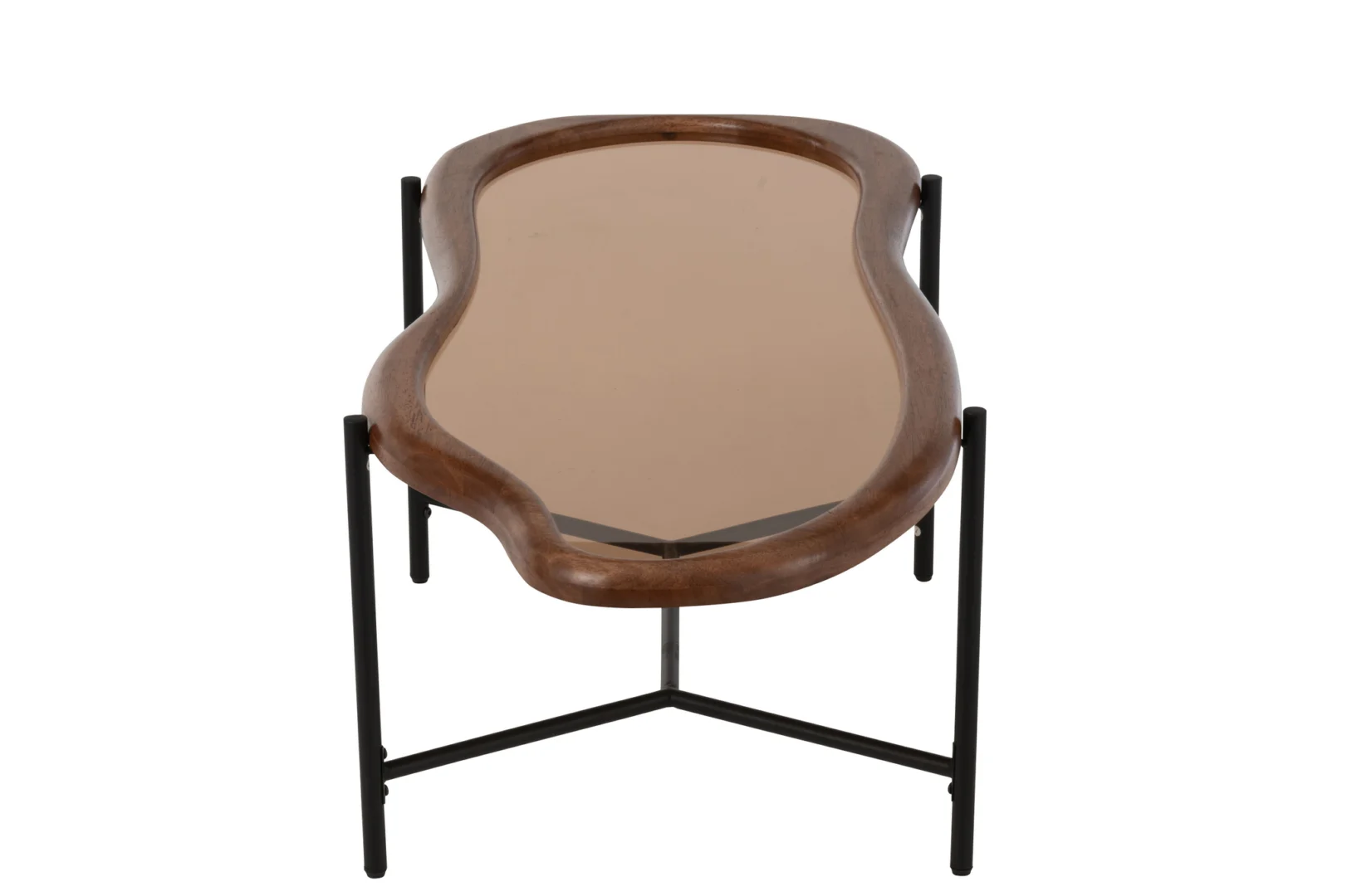De Salontafel 48 x 40 CM Staal heeft een onregelmatige, organisch gevormde rand, een bruin getint glazen blad en slanke zwart metalen poten met X-patroon voor een stijlvolle moderne look.