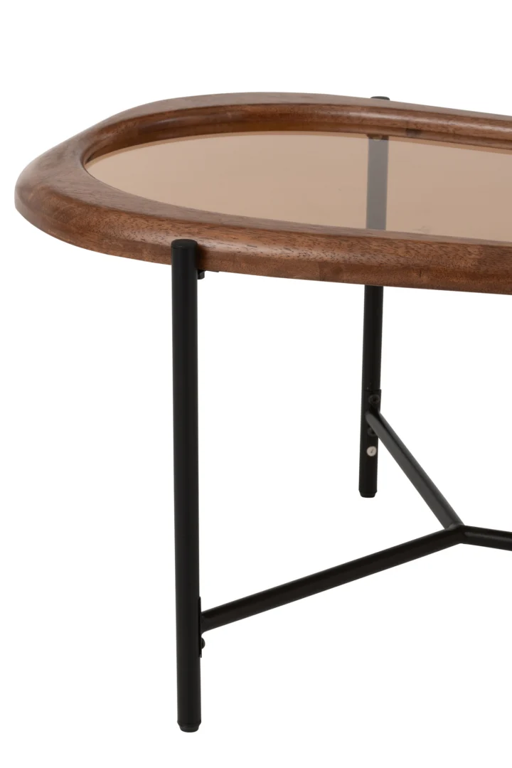Een close-up van de Salontafel 48 x 40 CM Staal salontafel, met een rond houten frame, glazen tafelblad en zwarte metalen poten in een minimalistisch ontwerp.