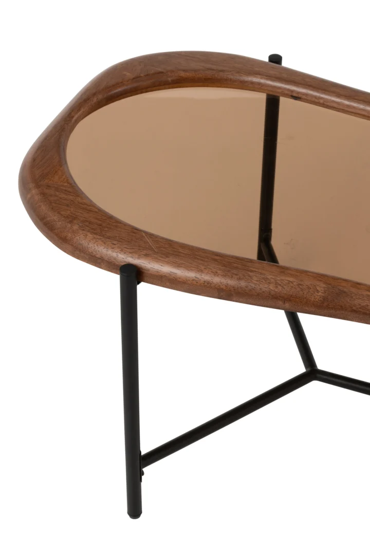 Een close-up van de Salontafel 48 x 40 CM Staal met een modern ontwerp met een rond houten frame, getint glazen blad en zwarte metalen poten.