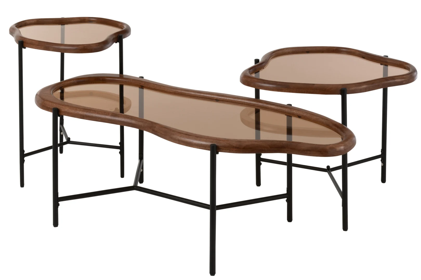 Drie Salontafel 48 x 40 CM Staal tafels, elk met een gegolfd bruin houten frame, glazen blad en zwarte metalen poten, zijn gegroepeerd op een witte achtergrond.