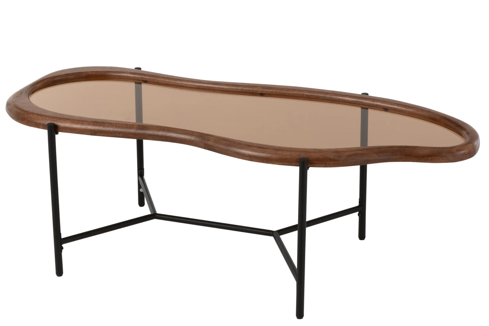 De Salontafel 48 x 40 CM Staal heeft een organische vorm met een stevig houten frame, glazen blad en gekruiste zwarte metalen poten voor een moderne look.
