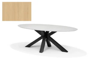 De SWITCH-STENVAD Eettafel 240X120 Ovaal Natuur Eiken is een moderne ovale eettafel met een wit blad, zwarte geometrische poten en een klein licht houtstructuurstaaltje in de linkerbovenhoek.
