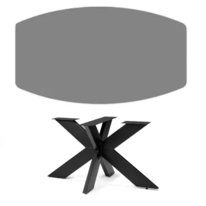 De Schakel Eetkamertafel 150x100 Tonvorm Marmer+ Stellar heeft een modern zwart metalen onderstel met hoekige kruisende poten onder een groot, afgerond rechthoekig grijs marmeren blad, tegen een effen witte achtergrond.