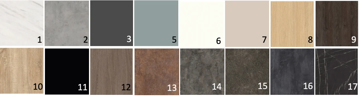 Een set van 17 rechthoekige kleur- en textuurstalen voor de Ovale eettafel Switch 180X100 Beton + Stellar, met tinten wit, grijs, beige, tan, bruin, zwart en houtnerf, elk gelabeld van 1 tot 17.
