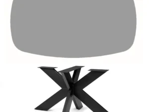 De "Schakel Eetkamertafel 240X120 Stuivervorm Marmer + Stellar" heeft een modern, kruisend zwart metalen onderstel en een groot, afgerond rechthoekig grijs tafelblad tegen een effen witte achtergrond.
