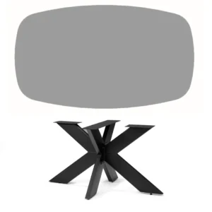 De "Schakel Eetkamertafel 240X120 Stuivervorm Marmer + Stellar" heeft een modern, kruisend zwart metalen onderstel en een groot, afgerond rechthoekig grijs tafelblad tegen een effen witte achtergrond.