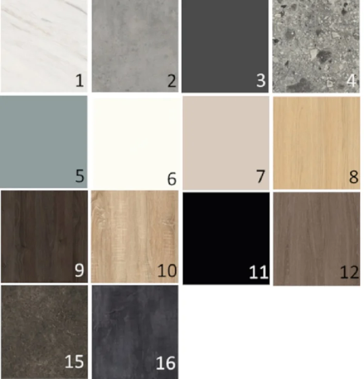 Een grid van zestien genummerde vierkante materiaalstalen voor de Eettafel SWITCH-STELLAR 180X120 Ovaal Orleans, met gevarieerde kleuren en texturen zoals marmer, beton, hout, steen, zwart, plus tinten grijs, beige, blauw en bruin.