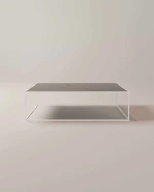 De Salontafel Wit 144 x 40 CM Rond is een minimalistische ronde salontafel met een slank, donker tafelblad en een open wit metalen frame, afgebeeld tegen een lichte achtergrond.