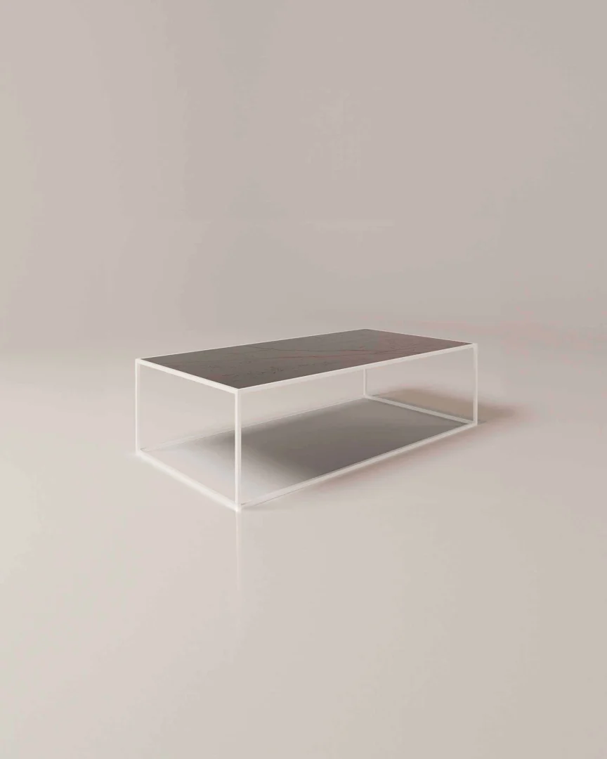 De Salontafel Wit 144 x 40 CM Rond is een minimalistische salontafel met een donker houten blad en een slank wit metalen frame, perfect voor moderne ruimtes. Hij wordt getoond op een glanzend, licht oppervlak met een eenvoudige achtergrond.