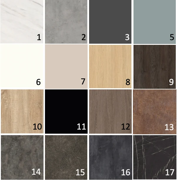 Een raster van 17 vierkante Salontafel Wit 130 x 70 CM Marmer stalen, met verschillende kleuren en texturen zoals marmer, beton, hout en steen, elk gelabeld met een uniek nummer van 1 tot 17 in de rechterbenedenhoek.