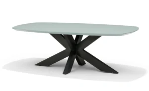 De Salontafel Groen, Roest 75 x 45 CM Mdf is een moderne rechthoekige tafel met afgeronde hoeken, een lichtgrijs blad en een zwart geometrisch onderstel met kruisende poten.