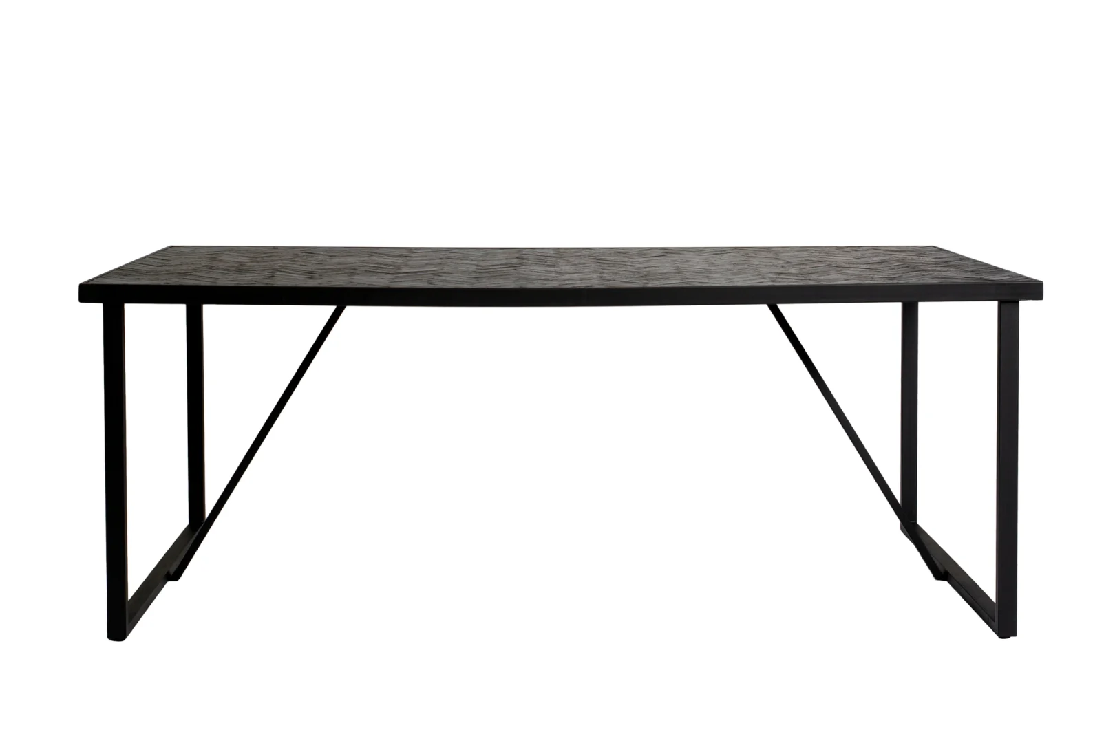 De Eettafel, 160x90, B340 zwart is een moderne rechthoekige tafel met een tafelblad met donkere structuur en zwarte metalen poten tegen een witte achtergrond.
