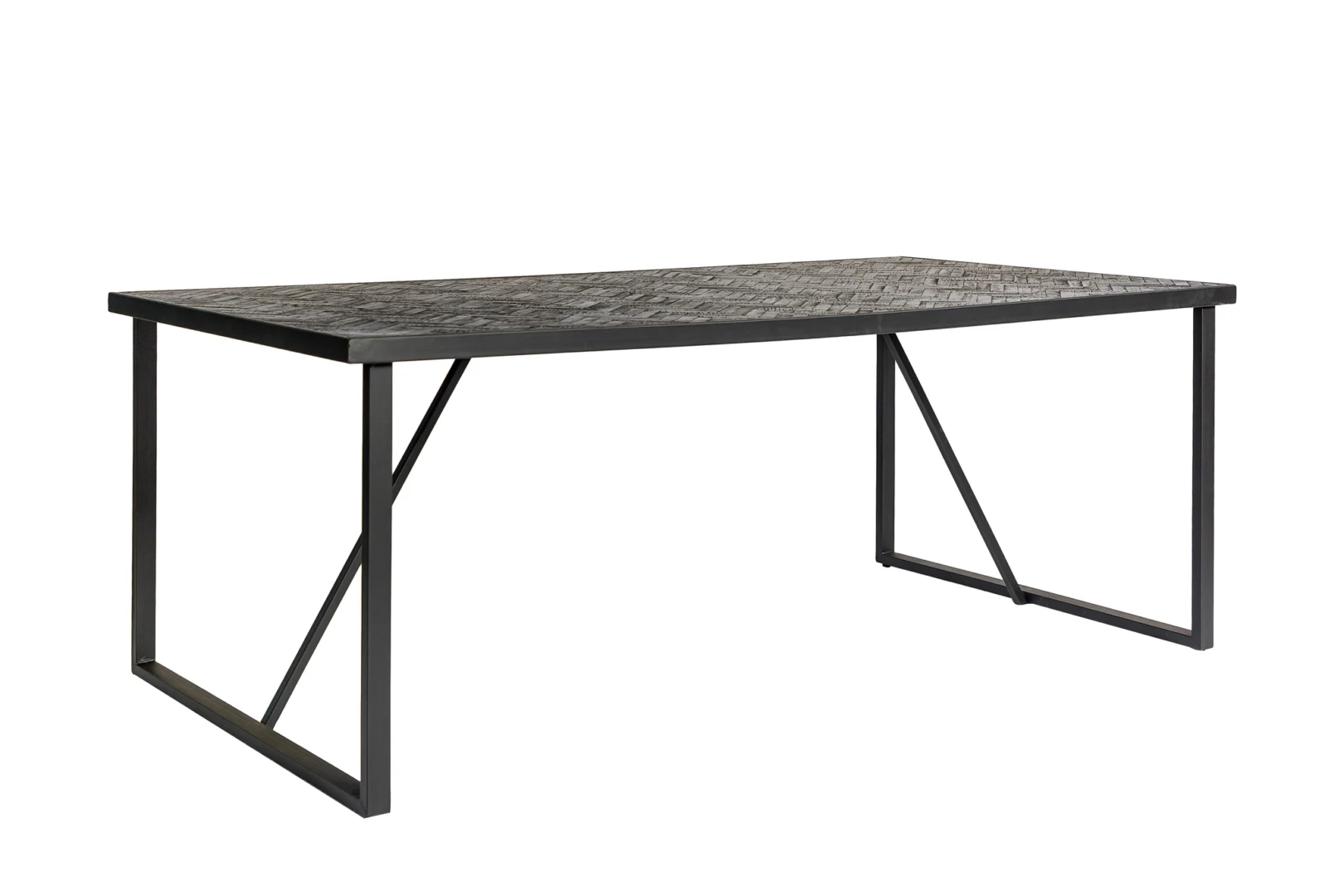 De Eettafel, 160x90, B340 zwart is een rechthoekige tafel met een donker gestructureerd houten blad en zwarte metalen poten met een geometrisch open frame-ontwerp.