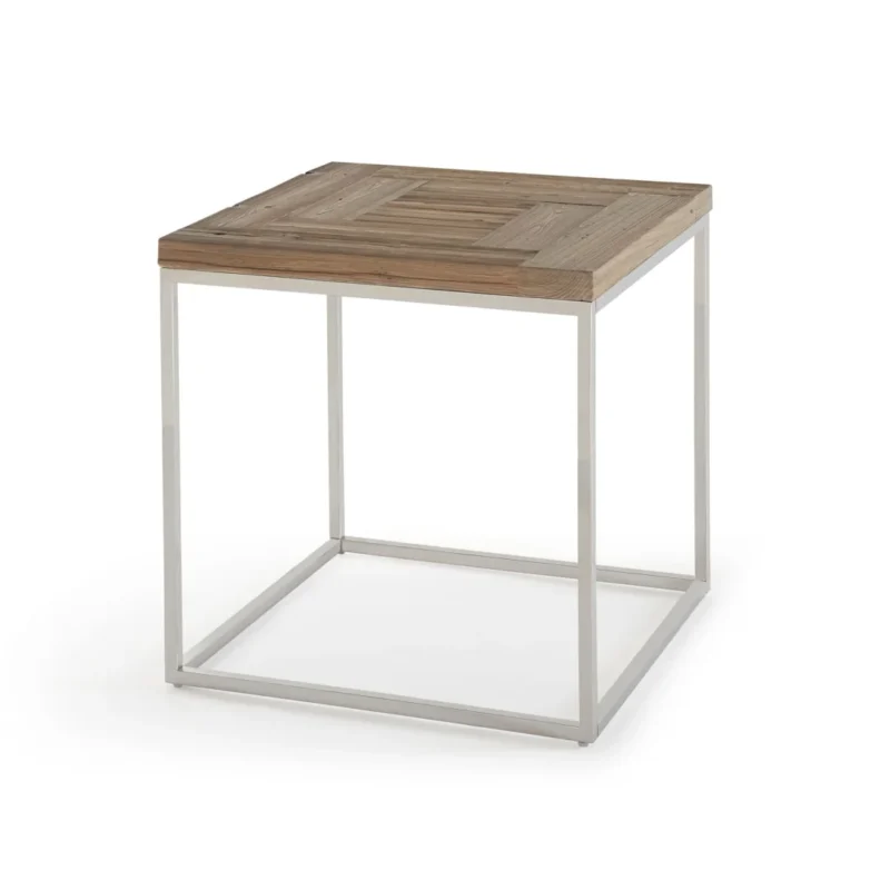 De Ace Teruggevonden Vuren en Gepolijst Roestvrijstalen Bijzettafel is een moderne vierkante bijzettafel met een geometrisch houten blad en een minimalistisch onderstel van gepolijst roestvrij staal.