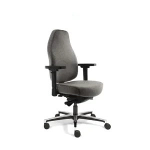 De Bureaustoel Wolvilt Fenice is een moderne ergonomische bureaustoel met grijze stoffen bekleding, verstelbare zwarte armleuningen en een chromen onderstel met vijf wielen tegen een witte achtergrond.