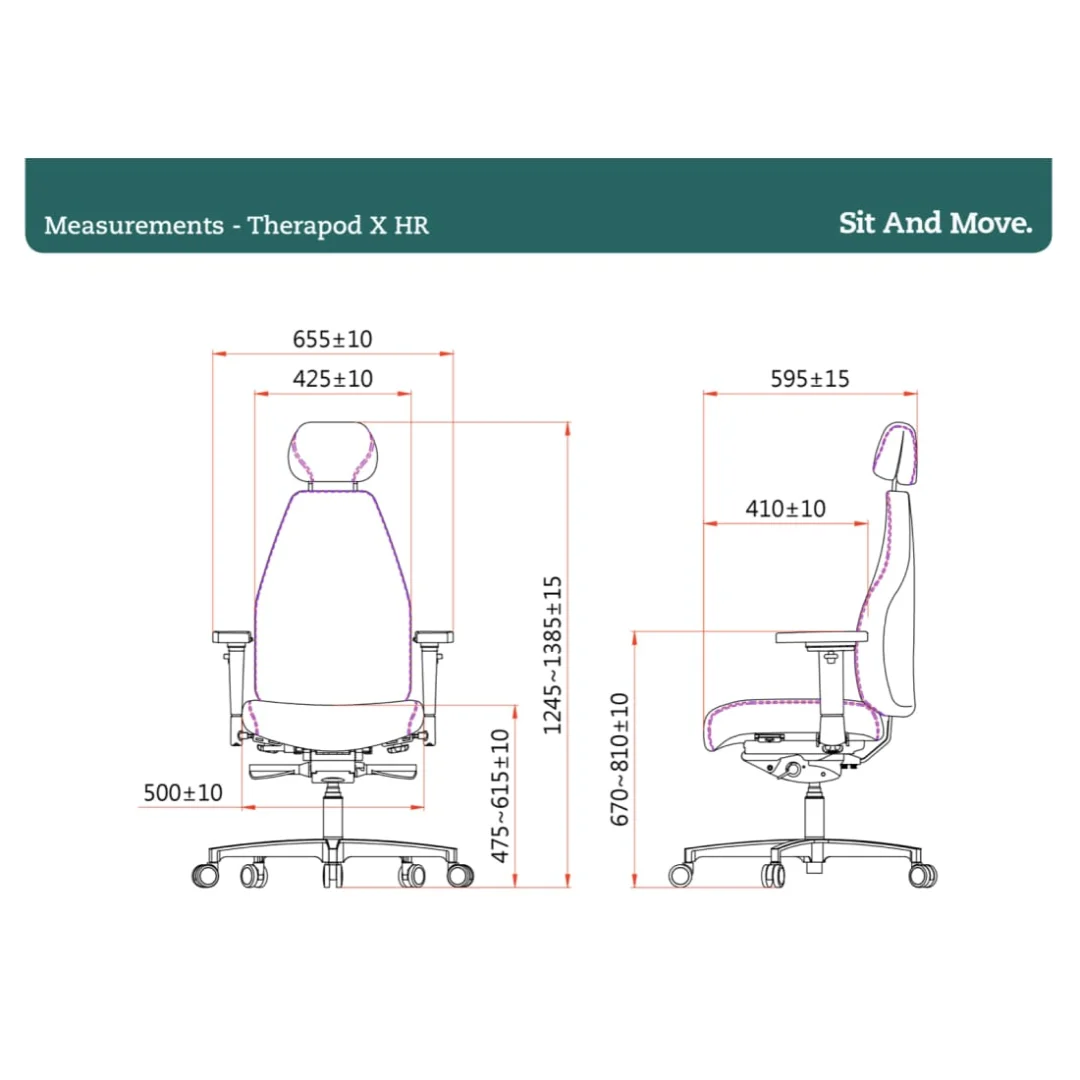Technische tekening van de Bureaustoel Hoofdsteun in donkergrijs, met hoofdsteun, met voor- en zijaanzicht. Afmetingen voor hoogte, breedte en diepte in millimeters. Tekst luidt: Afmetingen - Bureaustoel Hoofdsteun.