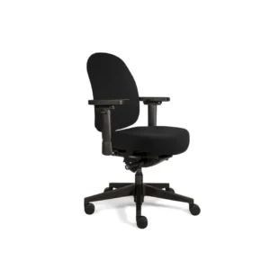 De Bureaustoel Zitten Therapod Zwart 2 is een zwarte ergonomische bureaustoel met verstelbare armleuningen, een zachte zitting en rugleuning en een onderstel met vijf wielen, afgebeeld tegen een effen witte achtergrond.