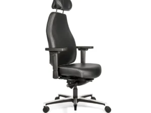 De Bureaustoel Hoofdsteun Zwart is een zwarte ergonomische bureaustoel met verstelbare armleuningen, hoge rugleuning, hoofdsteun 2 en een metalen onderstel met vijf wielen, weergegeven tegen een witte achtergrond.