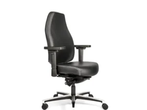 De Bureaustoel Zitten Therapod Zwart 3 is een zwarte ergonomische bureaustoel met verstelbare armleuningen, een hoge rugleuning en een metalen onderstel met vijf wielen, afgebeeld tegen een effen witte achtergrond.