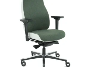 De Bureaustoel Facet heeft een ergonomisch ontwerp in grijze en olijfgroene wol, met verstelbare armleuningen, gewatteerde zitting en rugleuning en een stevig zwart onderstel met vijf wielen.