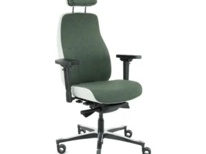 De Bureaustoel Hoofdsteun Olive heeft een hoge rugleuning, hoofdsteun, verstelbare armleuningen, olijfgroene wollen zitting en rugleuning in grijs/olivijn, plus een zwart onderstel met vijf wielen en witte accenten aan de zijkanten voor mobiliteit en stijl.