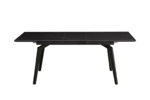 De Venus Uitschuiftafel 160x90 (+1 x 40cm) heeft een zwart Deckstone blad met marmerpatroon en vier schuine zwarte poten tegen een effen witte achtergrond.