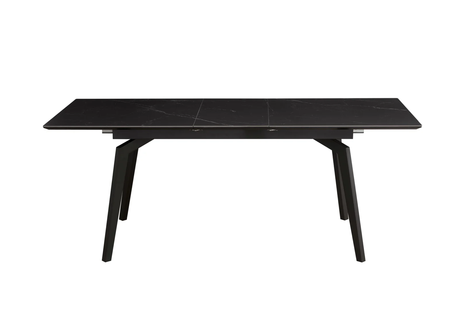 De Venus Uitschuiftafel 160x90 (+1 x 40cm) heeft een zwart Deckstone blad met marmerpatroon en vier schuine zwarte poten tegen een effen witte achtergrond.