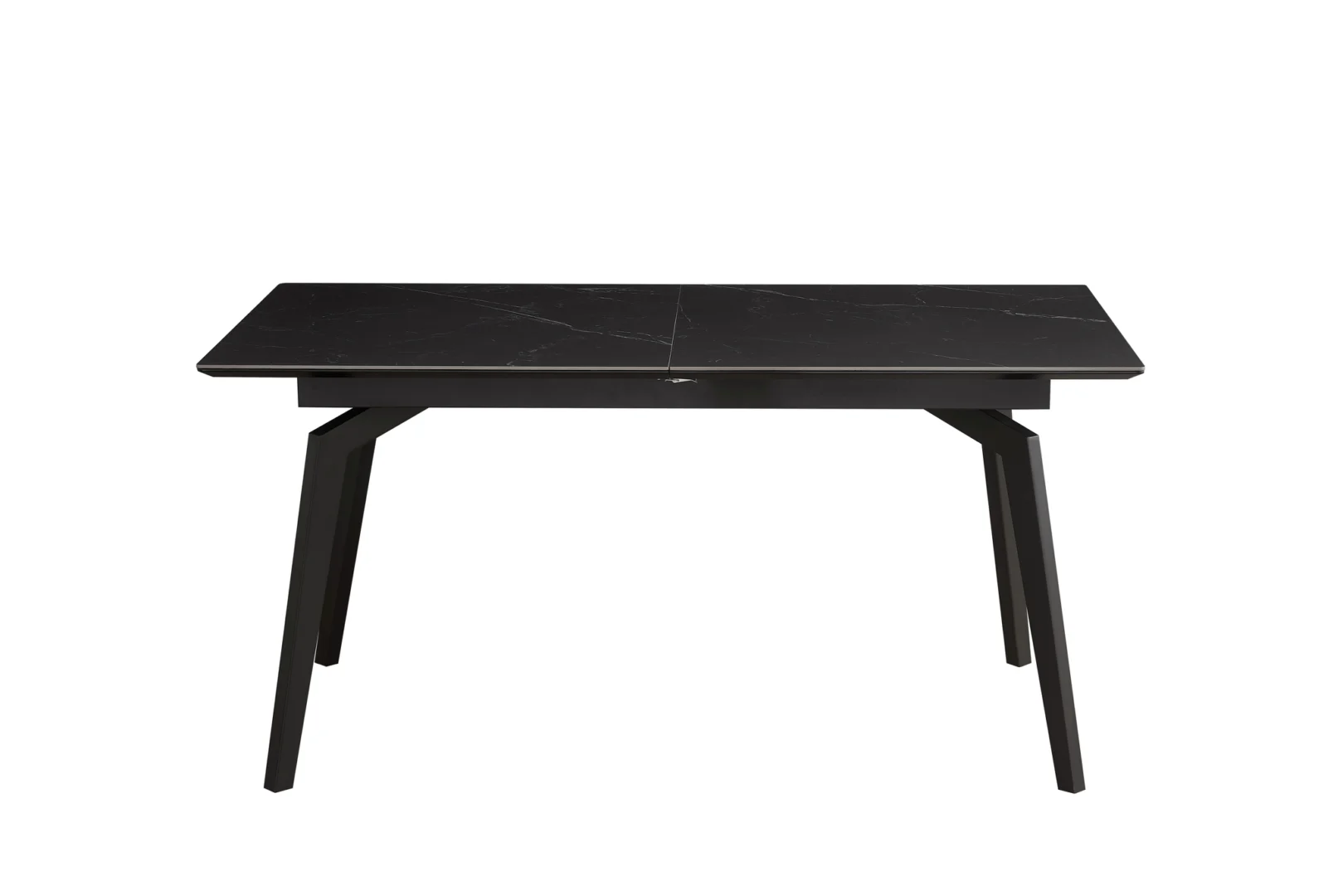 De Venus Uitschuiftafel 160x90 (+1 x 40cm) heeft een modern rechthoekig ontwerp met een zwart gemarmerd Deckstone blad en vier schuine zwarte poten, tegen een witte achtergrond.