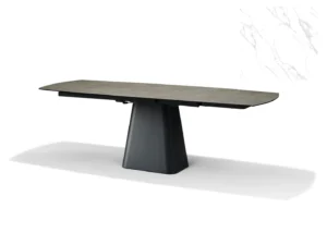 De Rick Uitschuiftafel 160x90 (+2 x 40cm) Deckstone Wit Marmer is een moderne rechthoekige eettafel met een strak wit marmeren blad en een geometrisch zwart voetstuk, tegen een witte achtergrond met subtiele marmeren accenten.